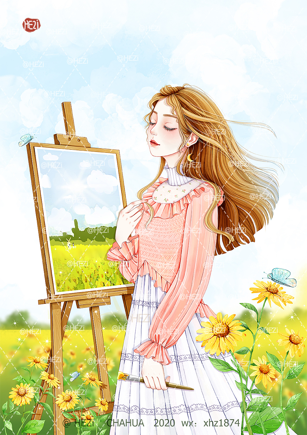 向日葵花田的少女少女插画水彩