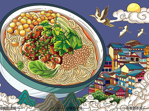 国潮城市美食面插画