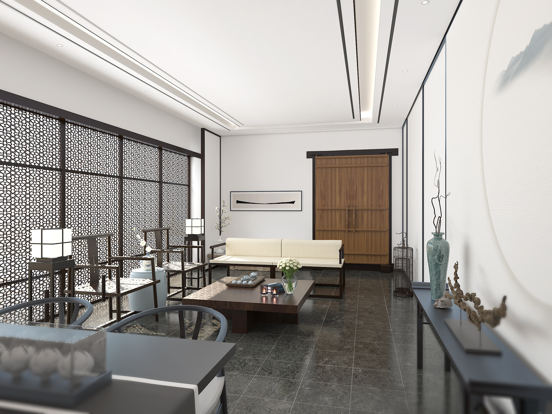 新中式客厅餐厅书房娱乐室|空间|家装设计|室内设计表现媛 - 原创作品 - 站酷 (ZCOOL)