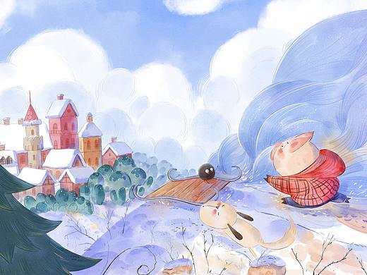 原创水彩儿童插画——小猪雪景系列