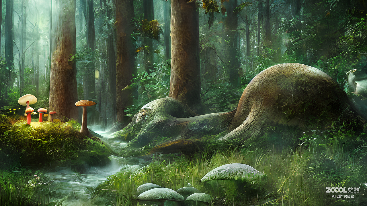 #AI创作实验室#小孩，蘑菇，深林（图ZMzIxODI4MzEy） - AI作品 - 站酷设计师迷lu原创素材 - 站酷ZCOOL