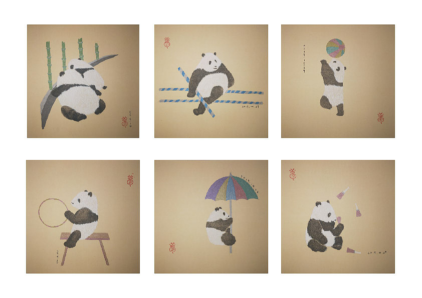 工笔重彩 插画形式 《嬉戏之熊猫系列》-纸本彩墨（图ZMTkxMTg1MTk2） - 绘画 - 站酷设计师萌萌的淡蓝西瓜原创素材 - 站酷ZCOOL