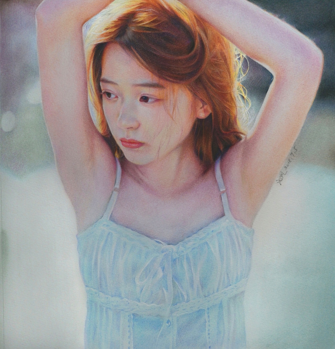 彩铅色粉人物画:晨曦中