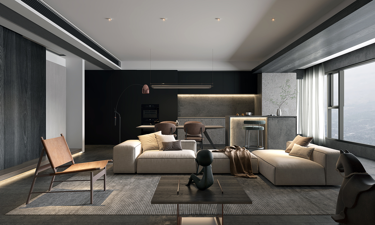 现代侘寂风别墅客厅餐厅