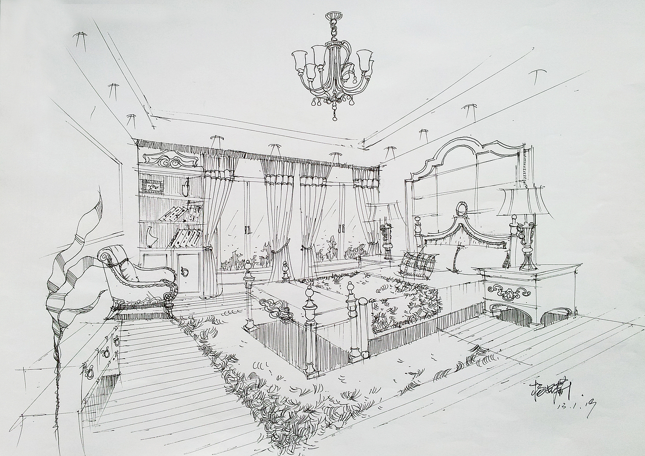 纯手绘卧室线稿