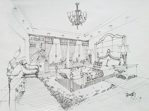 纯手绘卧室线稿