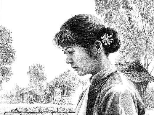 任保海为曹文轩《蓝花》创作的钢笔画作品