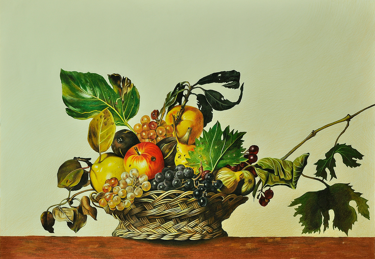 彩铅临摹卡拉瓦乔油画《水果篮》,半开画幅,三福霹雳马48色.