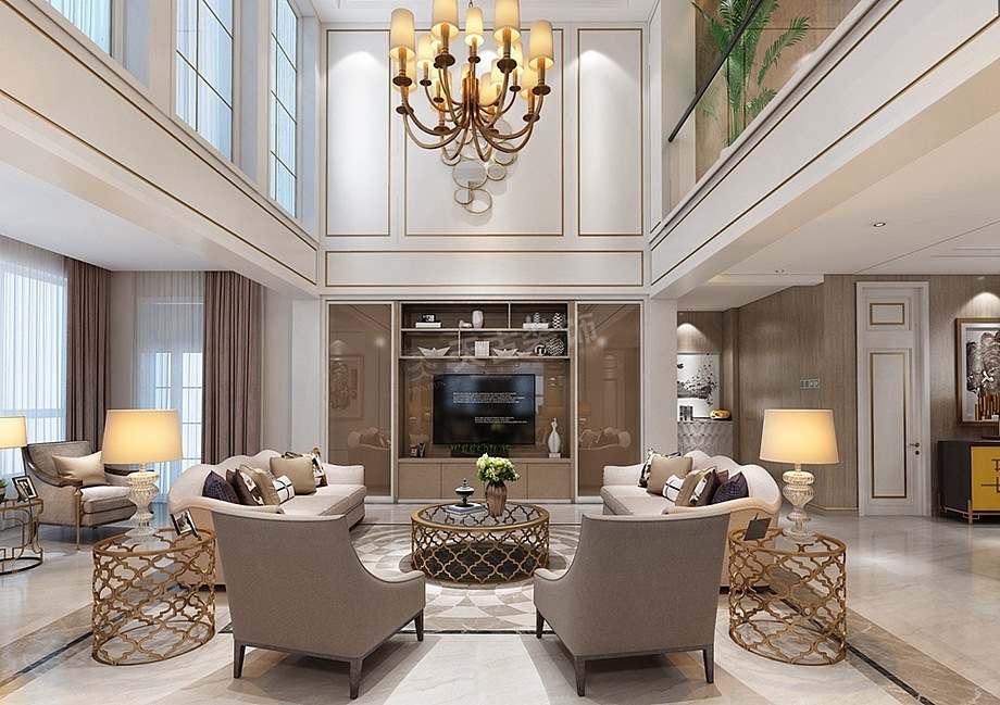 约克郡壹号湖畔联排别墅装修,美式轻奢风格设计效果图