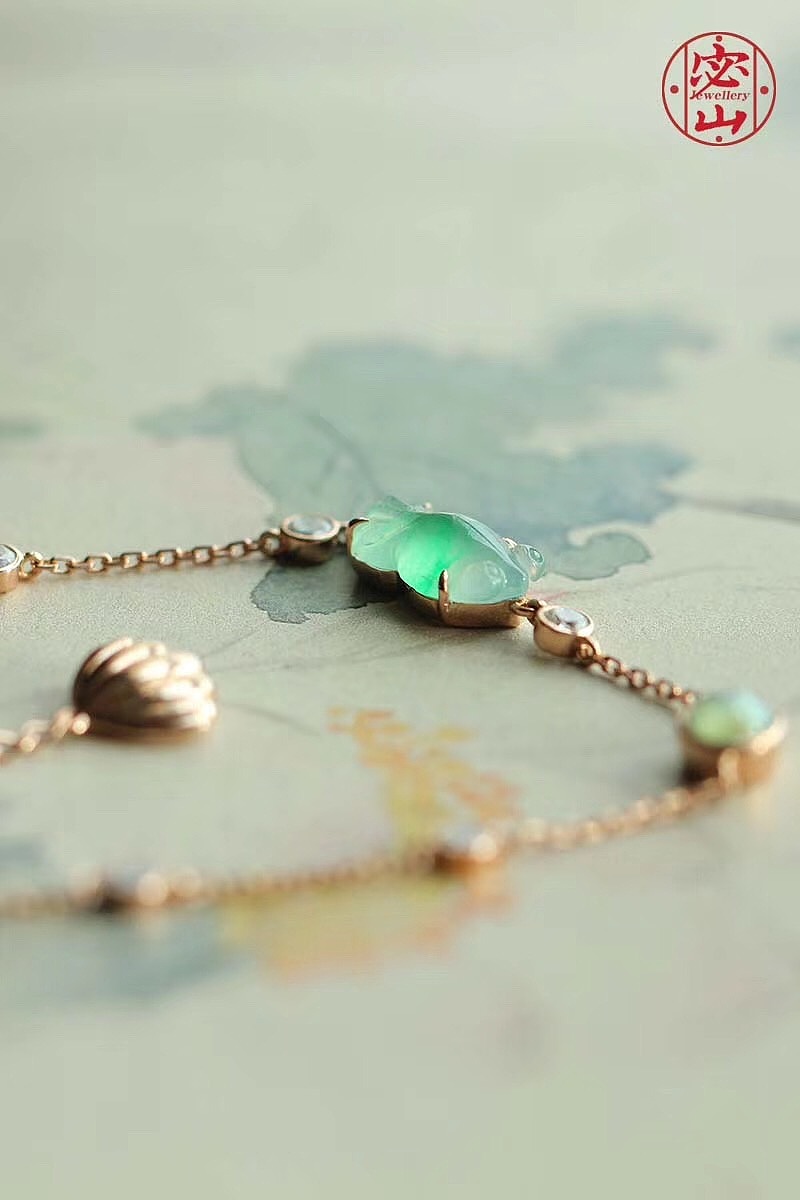 【密翠珠宝】高冰种阳绿翡翠金鱼手链