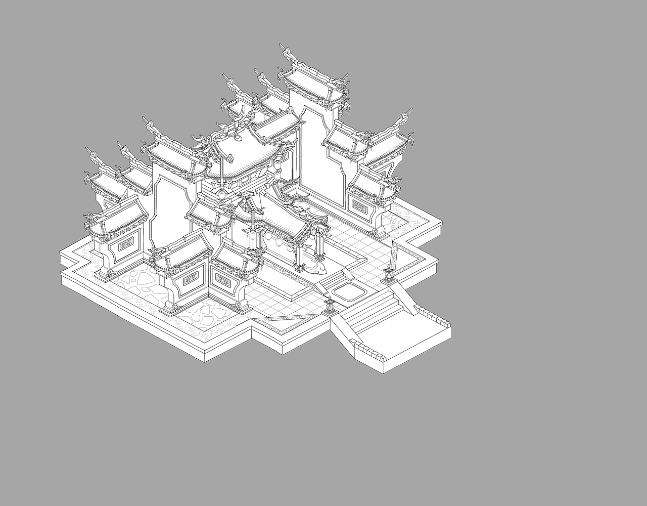 25d徽派中国风单体建筑