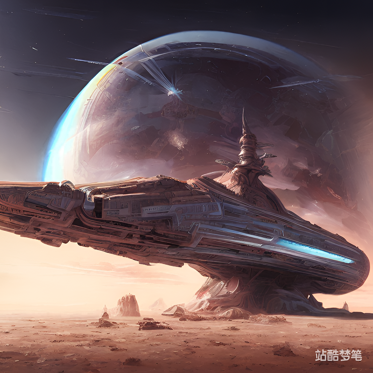 #站酷梦笔#巨大的太空战舰坠毁在荒凉的星球