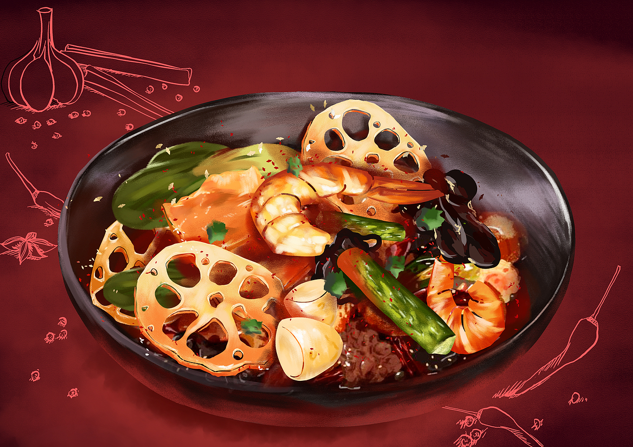 手绘食物餐饮插画麻辣香锅（图ZMjI4ODQwNDE2） - 商业插画 - 站酷设计师筱妮儿原创素材 - 站酷ZCOOL