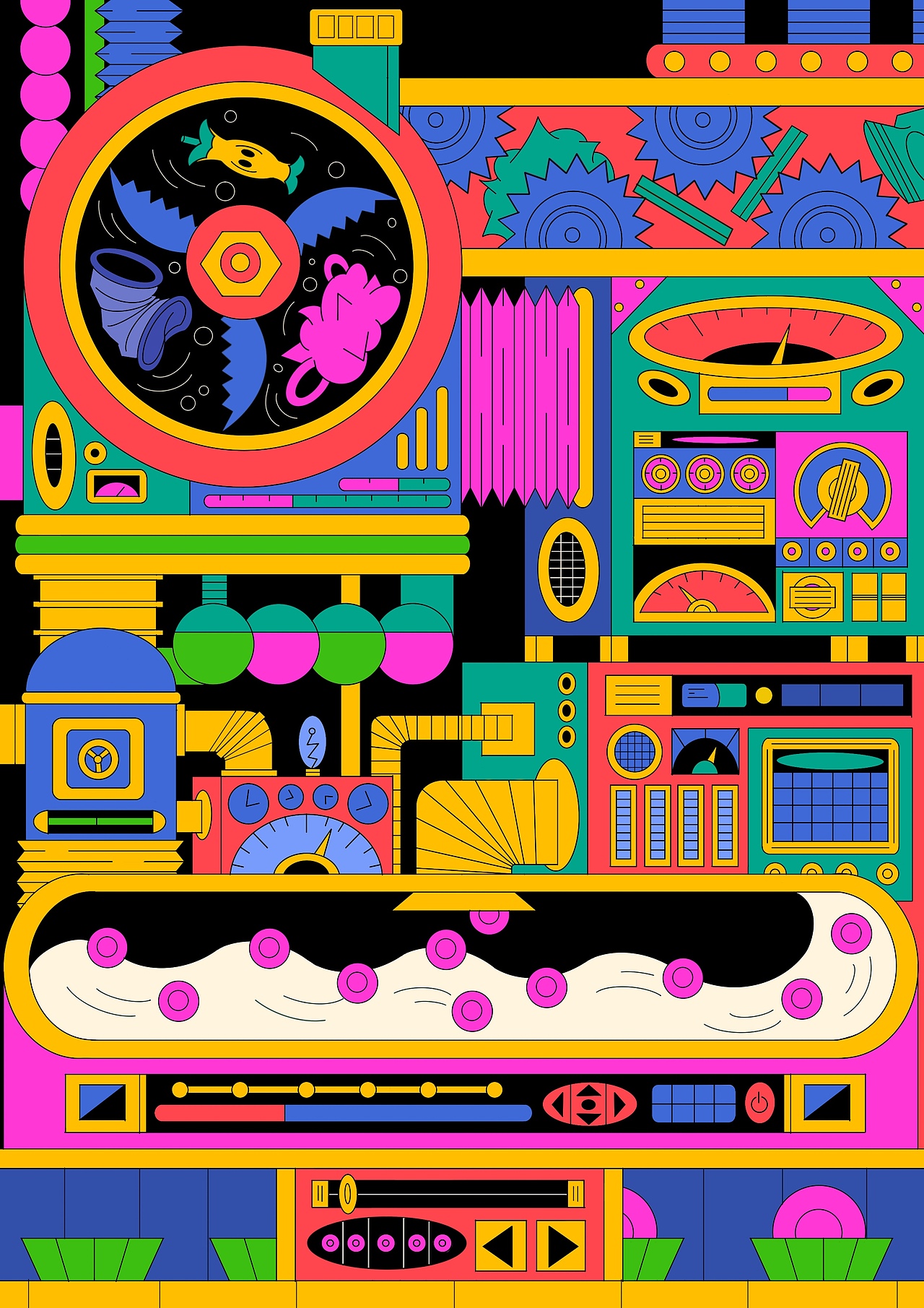 2.粗加工
第二幅插画在展现对垃圾桶收集到的垃圾进行粗加工的一个过程,垃圾在这个过程中被搅碎、洗涤、重构,变成一粒粒种子。<br><br>我曾经把粗加工这个步骤想象成人体的一个消化系统,它在类似口腔的机械中被搅碎、在胃里被洗涤、在小肠中降温消毒,但画面略显冗赘。于是我用更几何的机械来重构了整个画面。