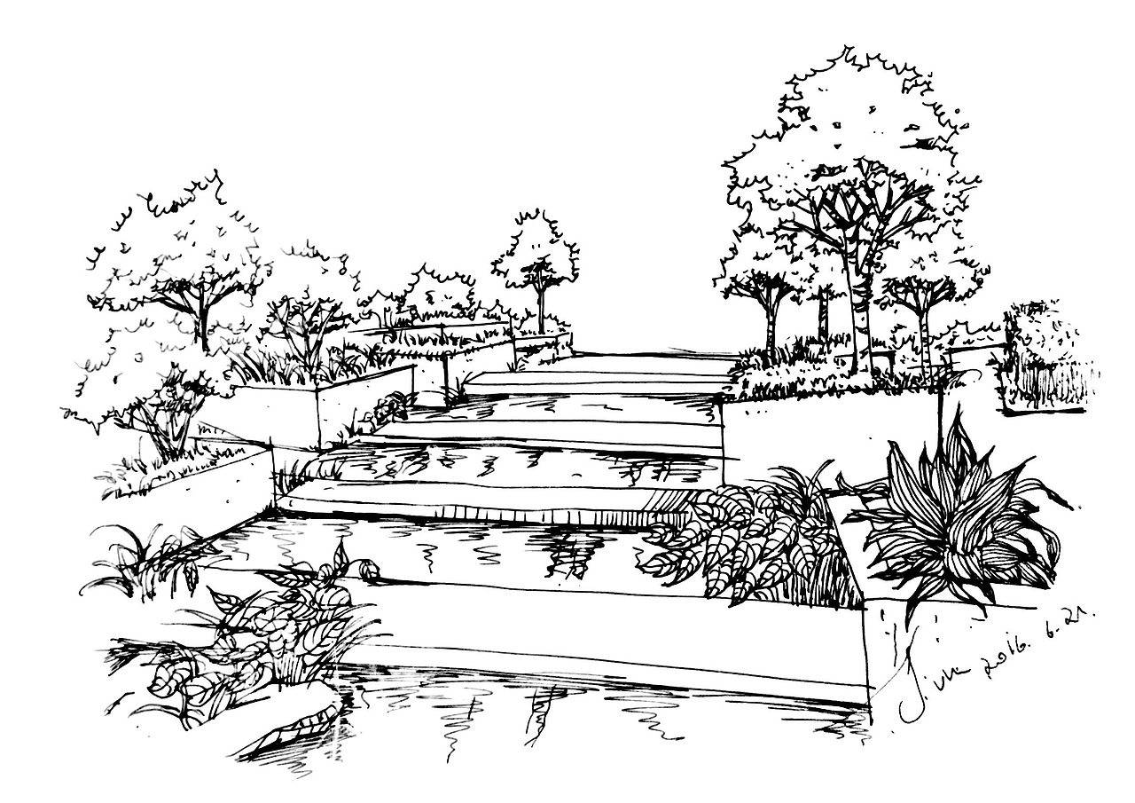 手绘线稿风景人物