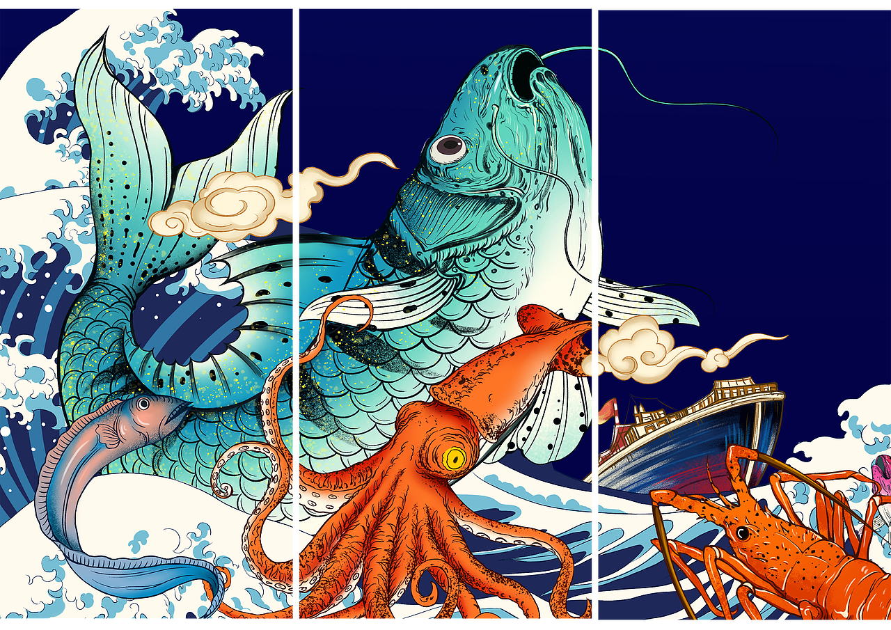 海鲜礼盒插画-中茂海鲜、海鲜港