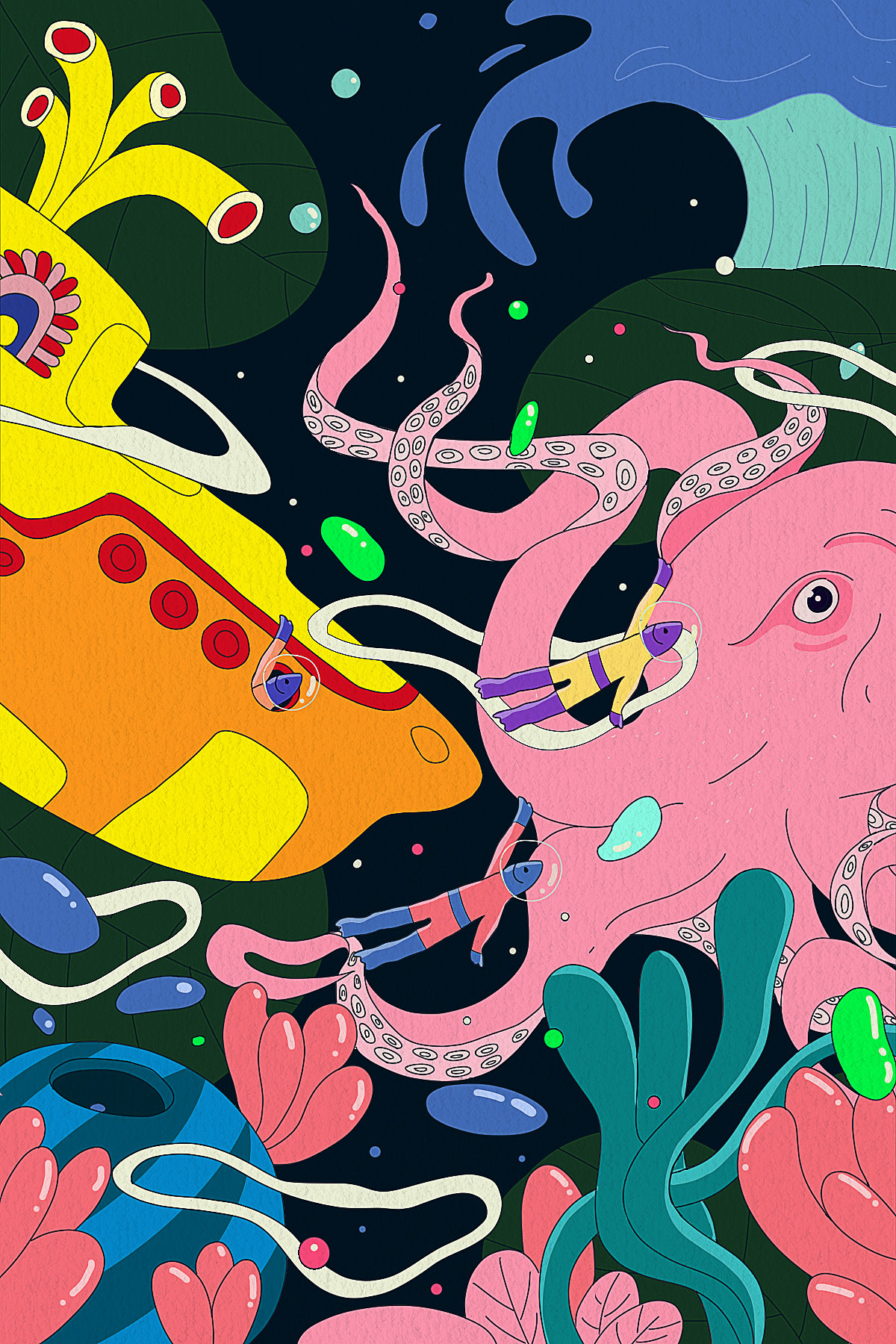 插画-黄色潜水艇与章鱼的花园（图ZMzA5OTYyMjQw） - 创作习作 - 站酷设计师北极尤里鱼原创素材 - 站酷ZCOOL