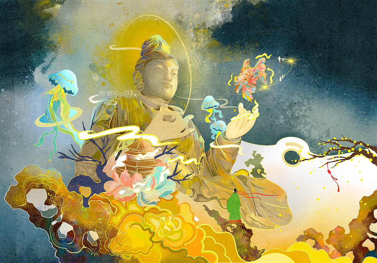 两极世界，提梅问寻（画面创意为两极世界，鱼游于天空，地落入深海，画中人物折梅问寻似是叙述什么旧事，灵感源于作者的某个梦境：））