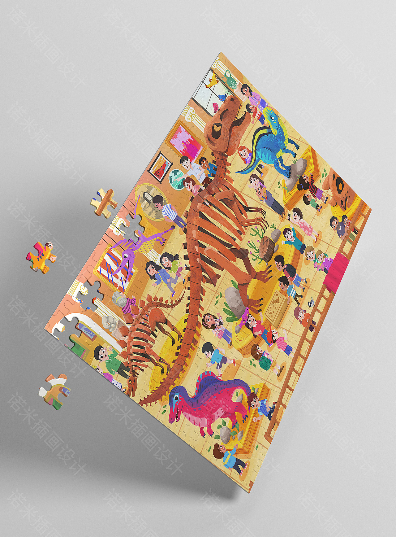 恐龙化石人文博物馆卡通拼图插画