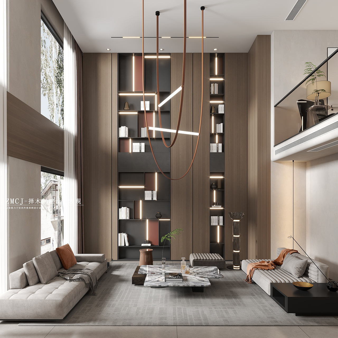 现代轻奢挑空别墅客餐厅厨房效果—择木创建柒柒效果图（图ZMzU1MTgwMzM2） - 家装设计 - 站酷设计师柒柒效果图原创素材 - 站酷ZCOOL