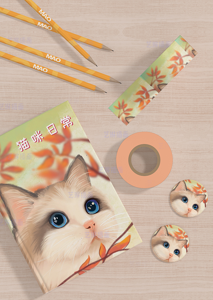 宠物动物猫咪手绘板绘周边文创包装插画