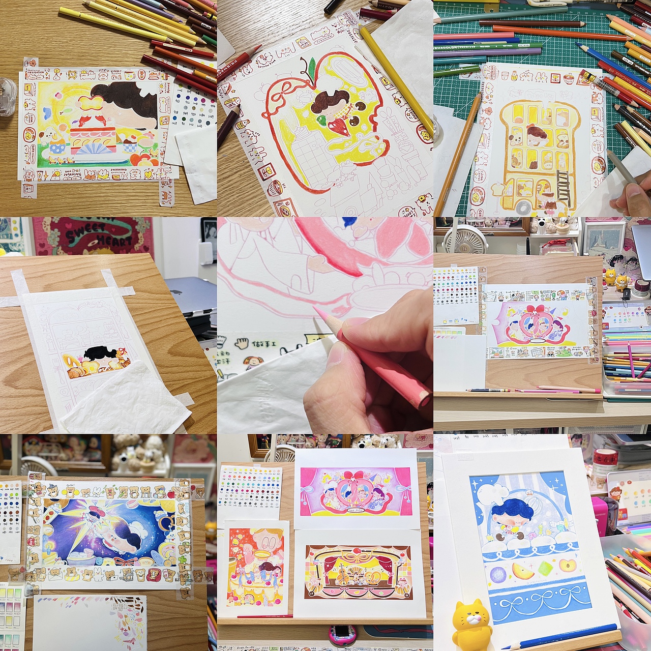 本来的计划是板绘,但是画了几张一直觉得出不来效果,在白白老师的建议下开始尝试手绘,发现效果比板绘的更靠近自己期望的效果,于是开始了没日没夜的手绘之旅(手和肩颈已废)