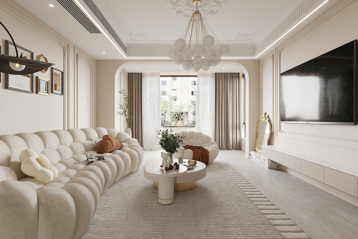 法式奶油风客餐厅效果图表现