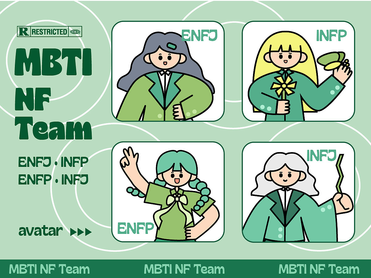MBTI NF组扁平风人物IP设计及其延展（图ZMzM2NDAyNDI0） - IP形象 - 站酷设计师插画设计静静子原创素材 - 站酷ZCOOL