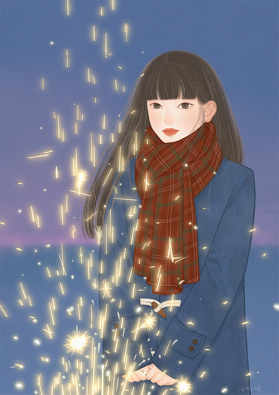 独自在夜晚的海边