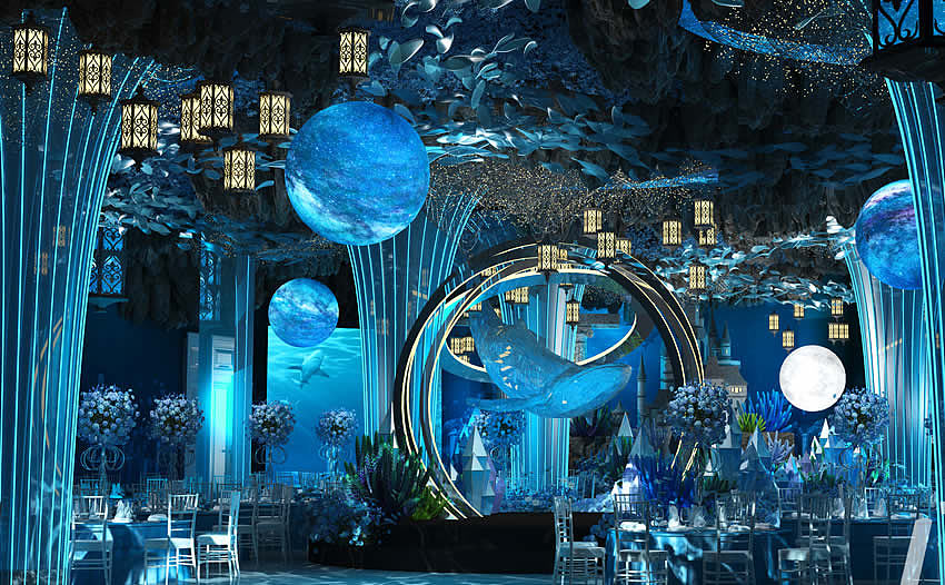 蓝色海洋风格主题宴会厅设计:梦想与现实的交汇