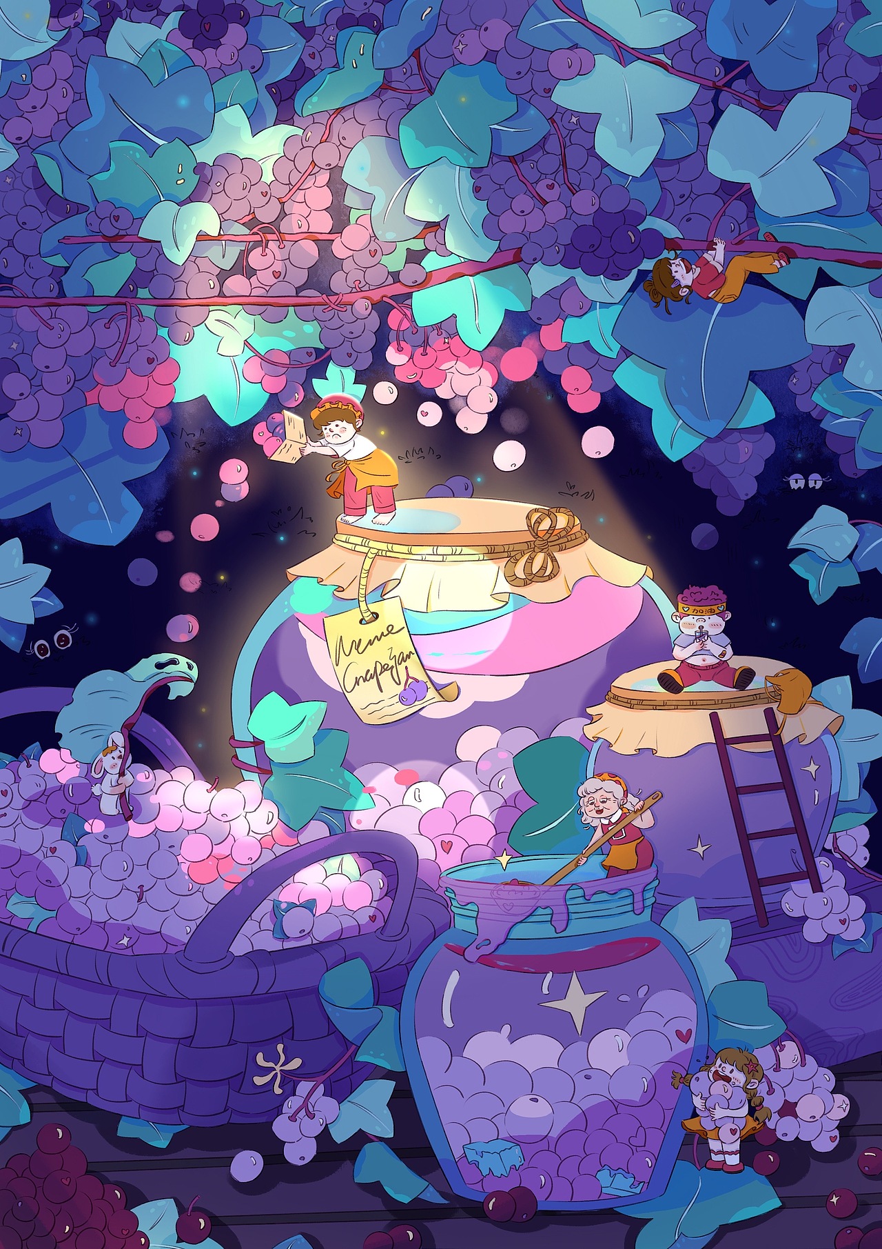 嘘！那怎么有光亮！原来是酿酒小队在果园里酿葡萄酒呢！