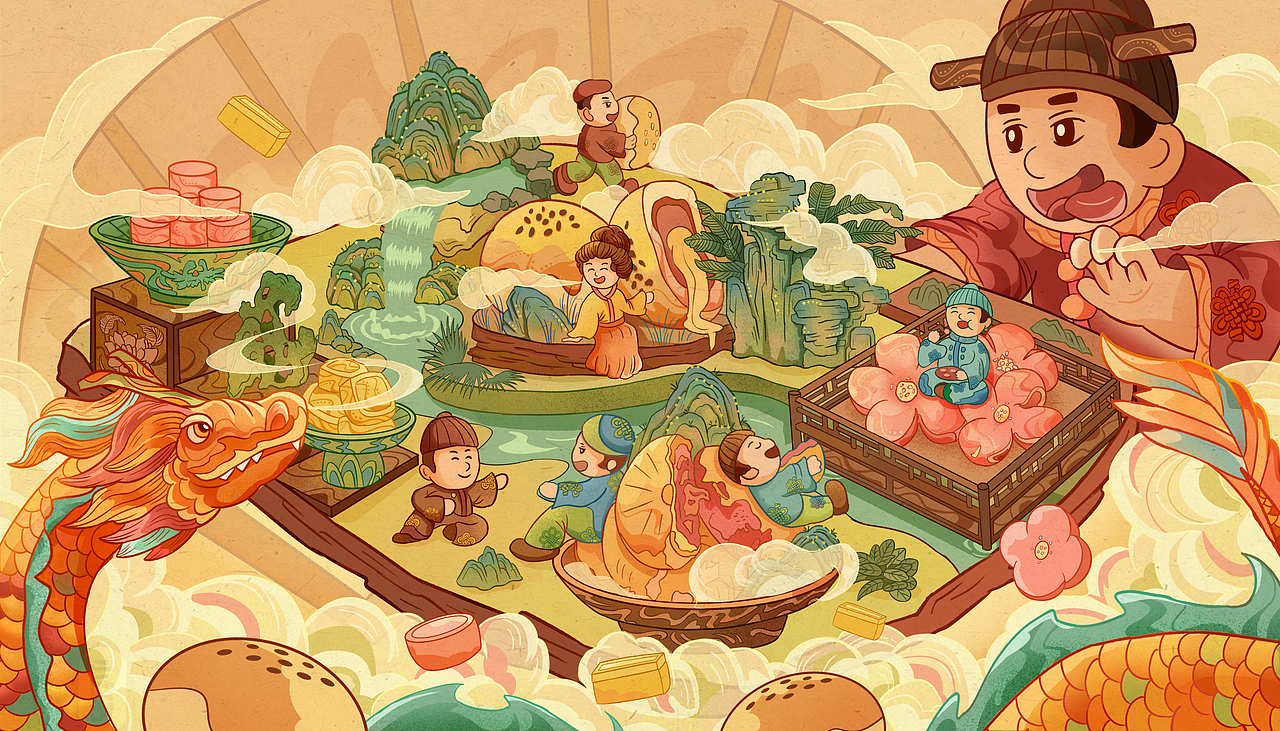 中华传统美食插画--复古糕点乐园