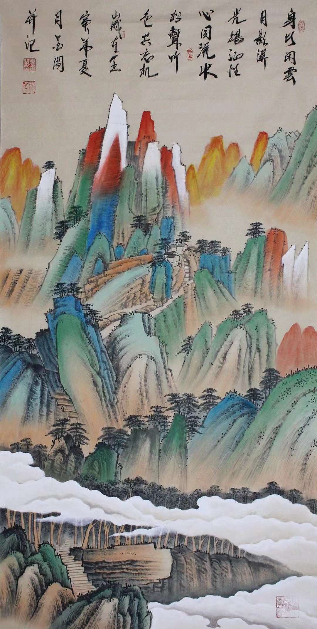 大千画派画家周金阊临摹张大千泼彩山水画（图ZMzE4NjM3MTcy） - 绘画 - 站酷设计师易阁字画网张小克原创素材 - 站酷ZCOOL