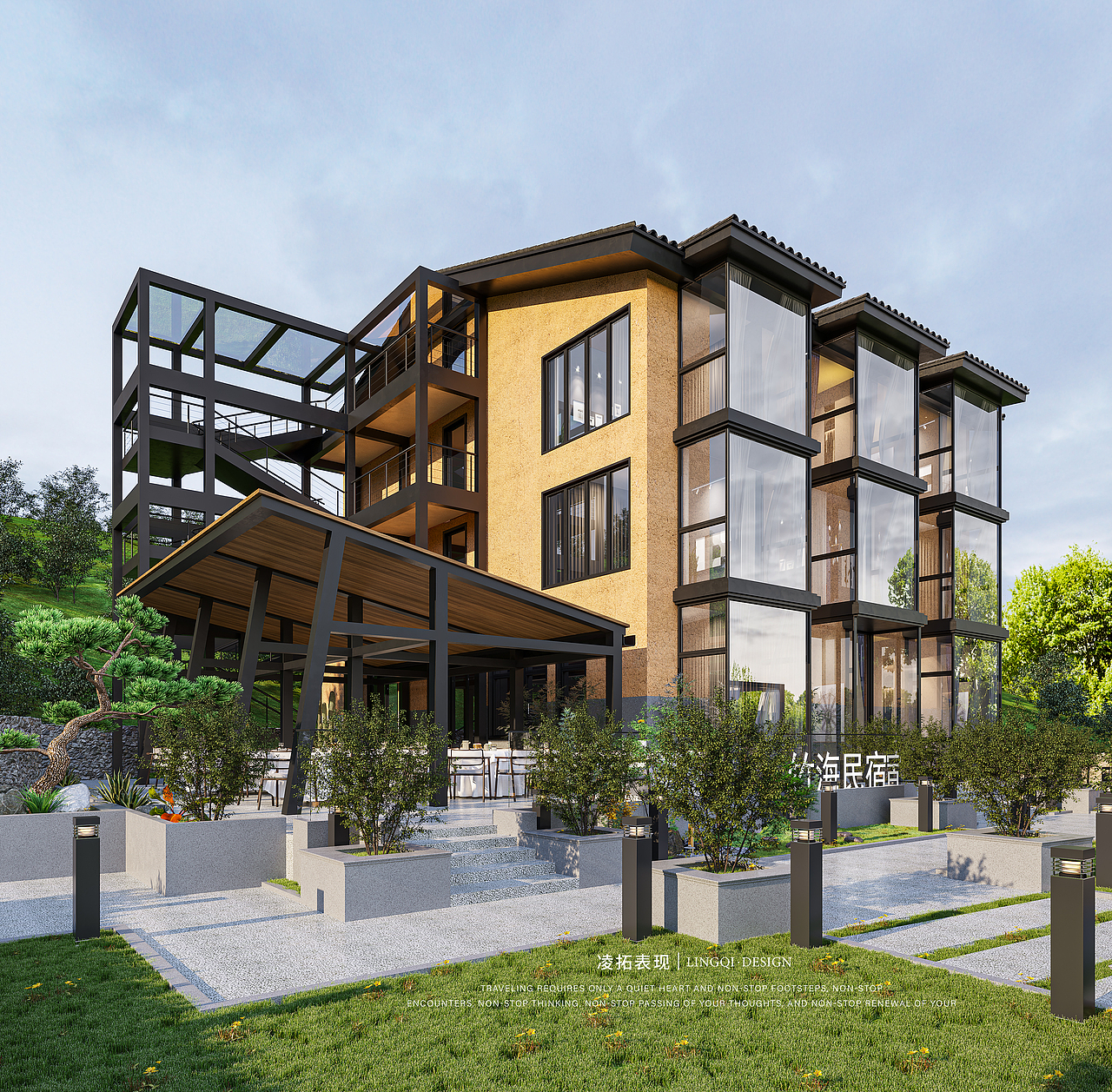 民宿花园庭院景观酒店外观外立面阳光房鸟瞰hdr中式自建房庭院93