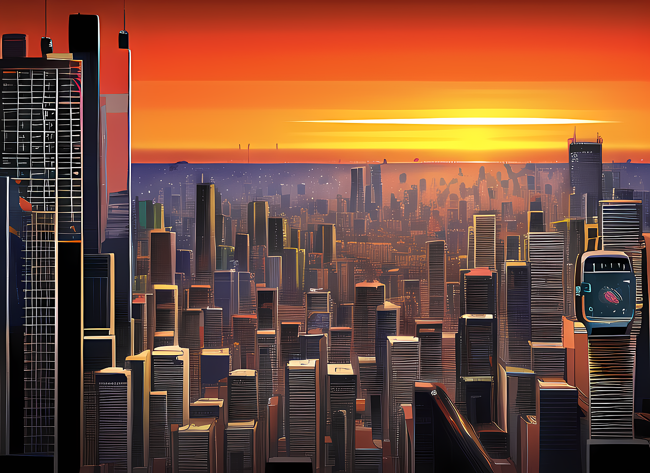 赛博朋克城市房产风险楼市插画装饰画动画电影感背景