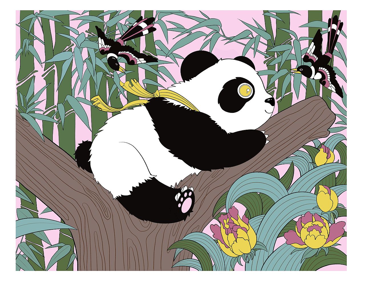 桃花塢木刻年畫與大熊貓（圖ZMzUyOTQ4MzAw） - 商業(yè)插畫 - 站酷設(shè)計(jì)師努力畫畫的卷卷原創(chuàng)素材 - 站酷ZCOOL
