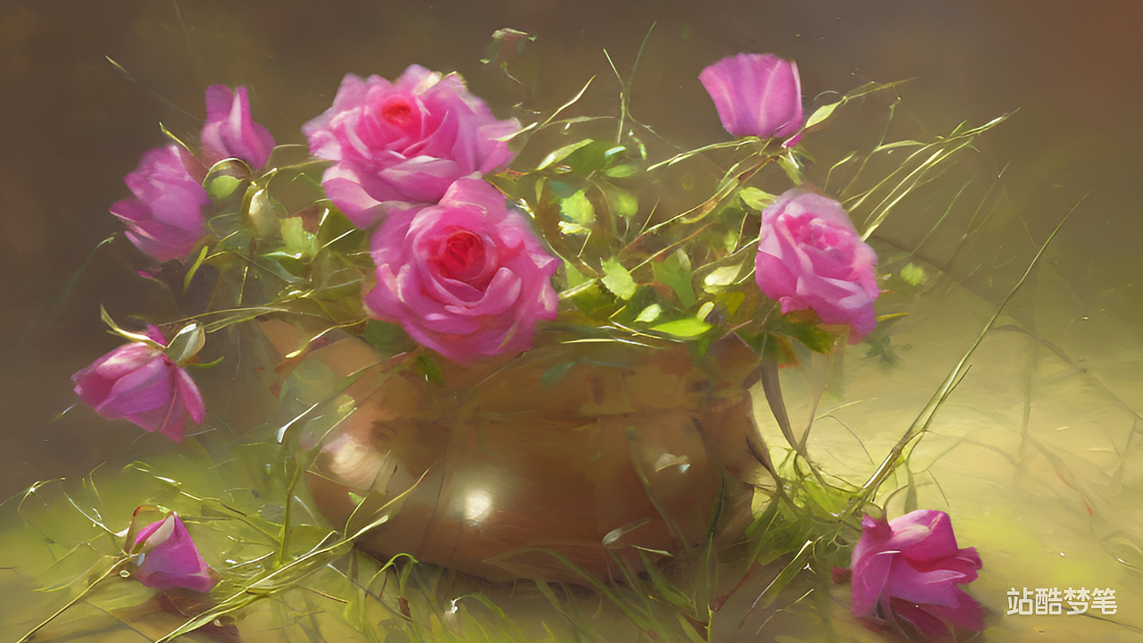 #站酷梦笔#玻璃罐 玫瑰 青草 花朵,油画,穆夏