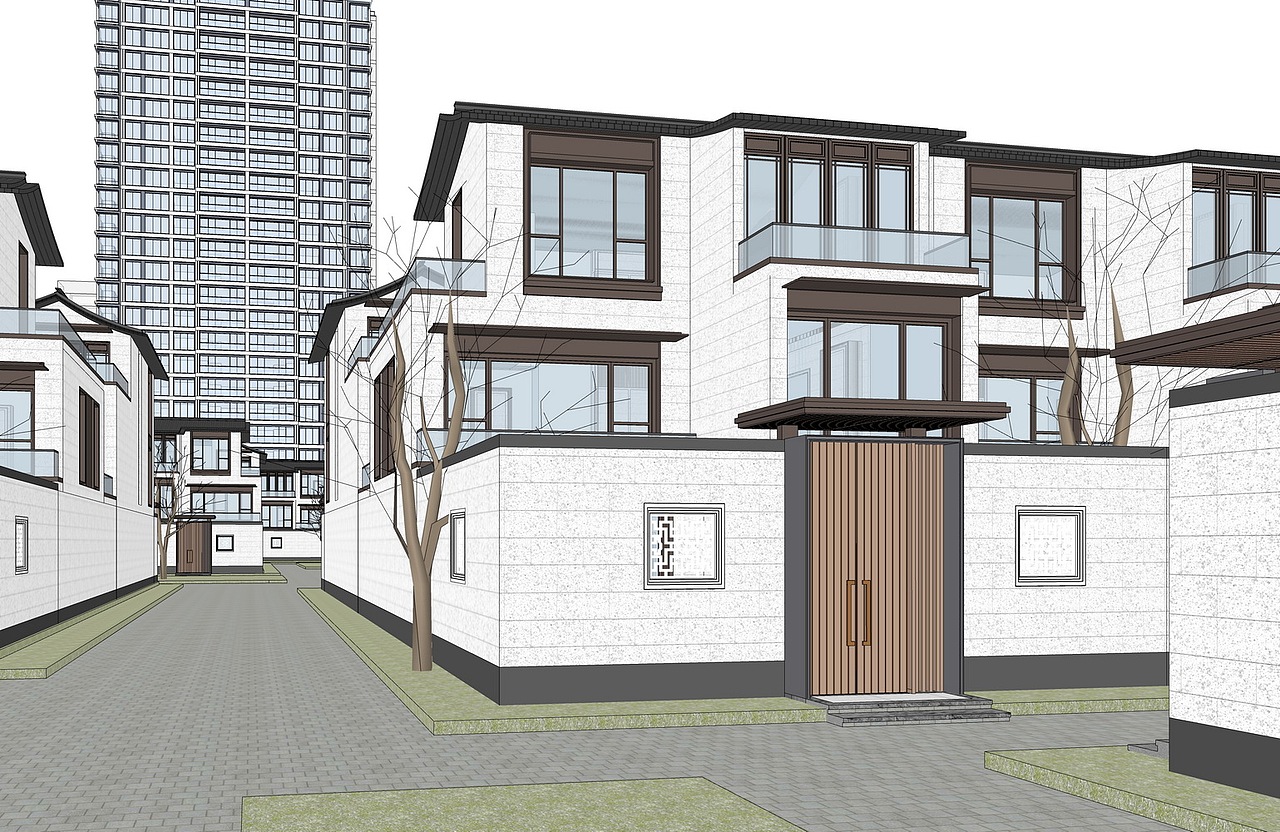 现代高层住宅+合院别墅SU模型下载