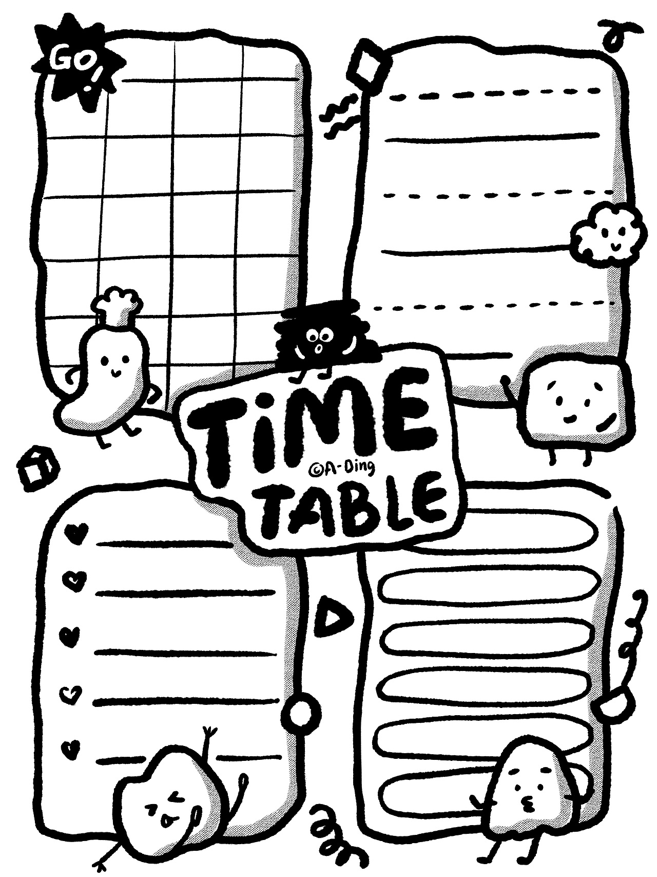 黑白线描手账素材-小怪兽的时间表-简笔画可爱表格（图ZMzQ3ODA2ODg0） - 创作习作 - 站酷设计师绿瓷叮叮原创素材 - 站酷ZCOOL