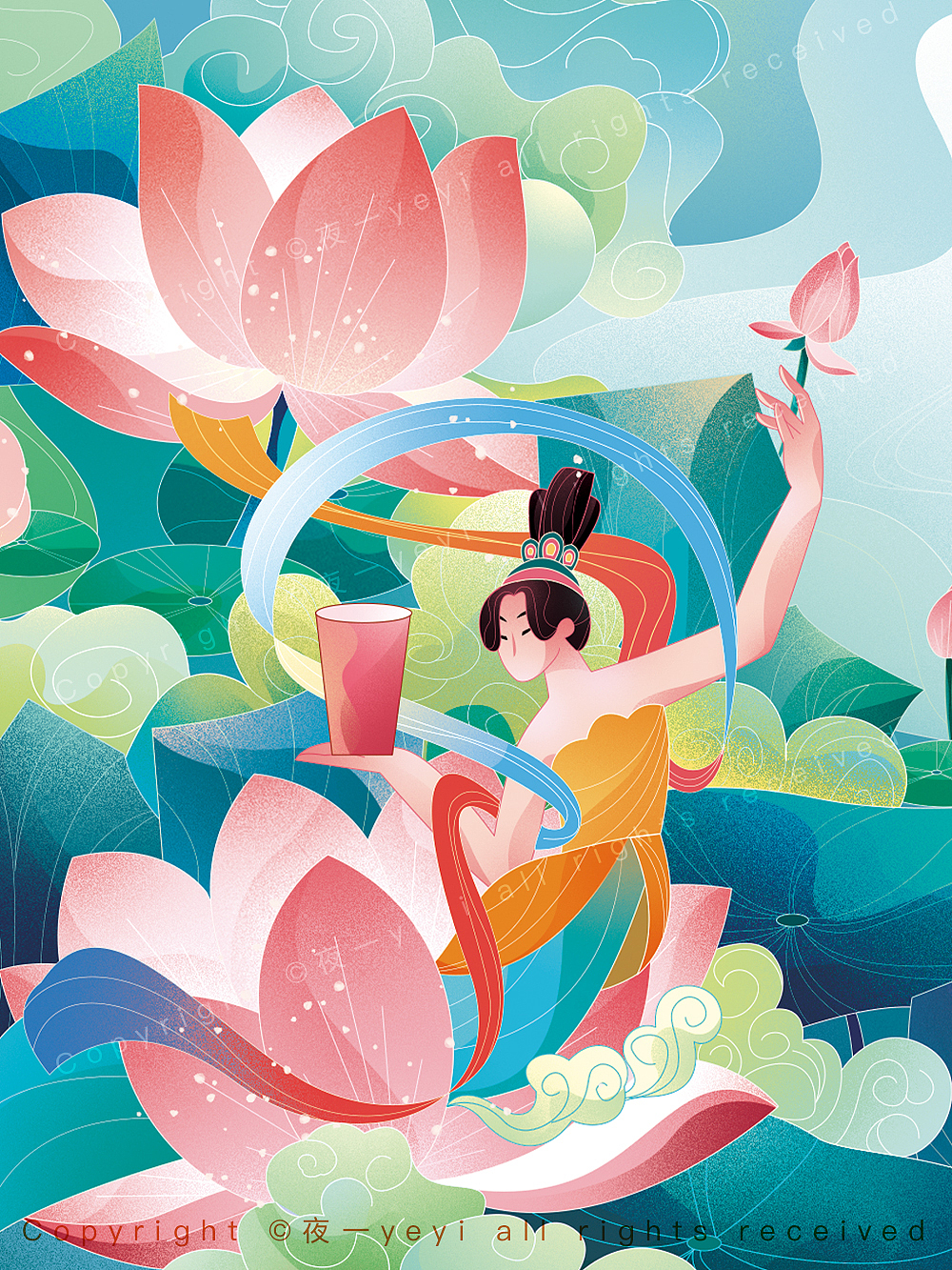 新国潮‖当敦煌飞天女遇上荷花鲜果茶（图ZMzUzMjc2NjU2） - 商业插画 - 站酷设计师半山屿原创素材 - 站酷ZCOOL