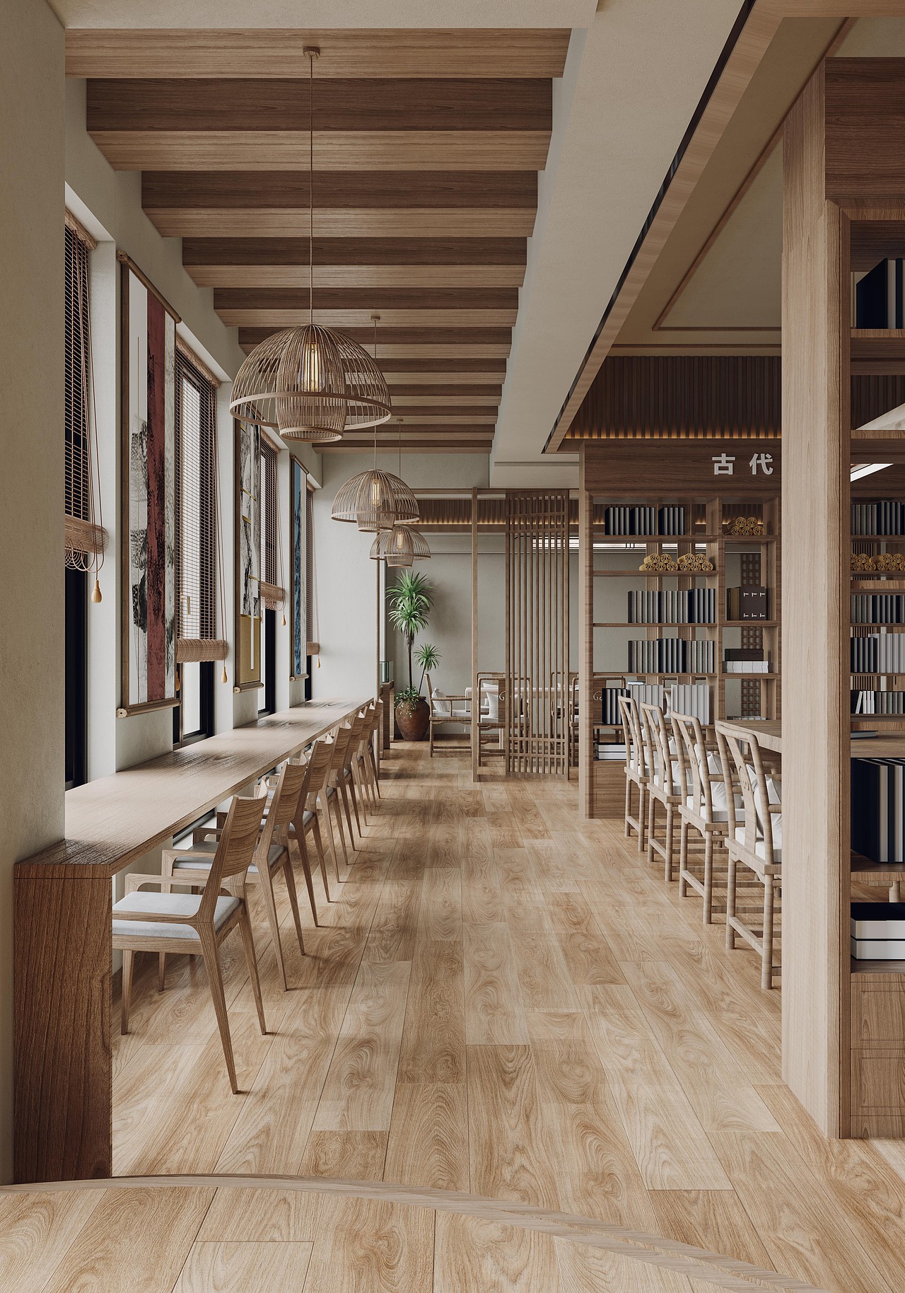 新中式图书馆 工装渲染