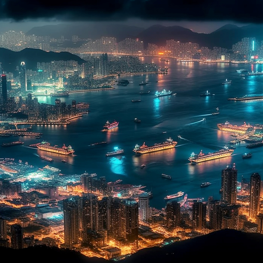 Midjourney创作香港维多利亚港夜晚风景