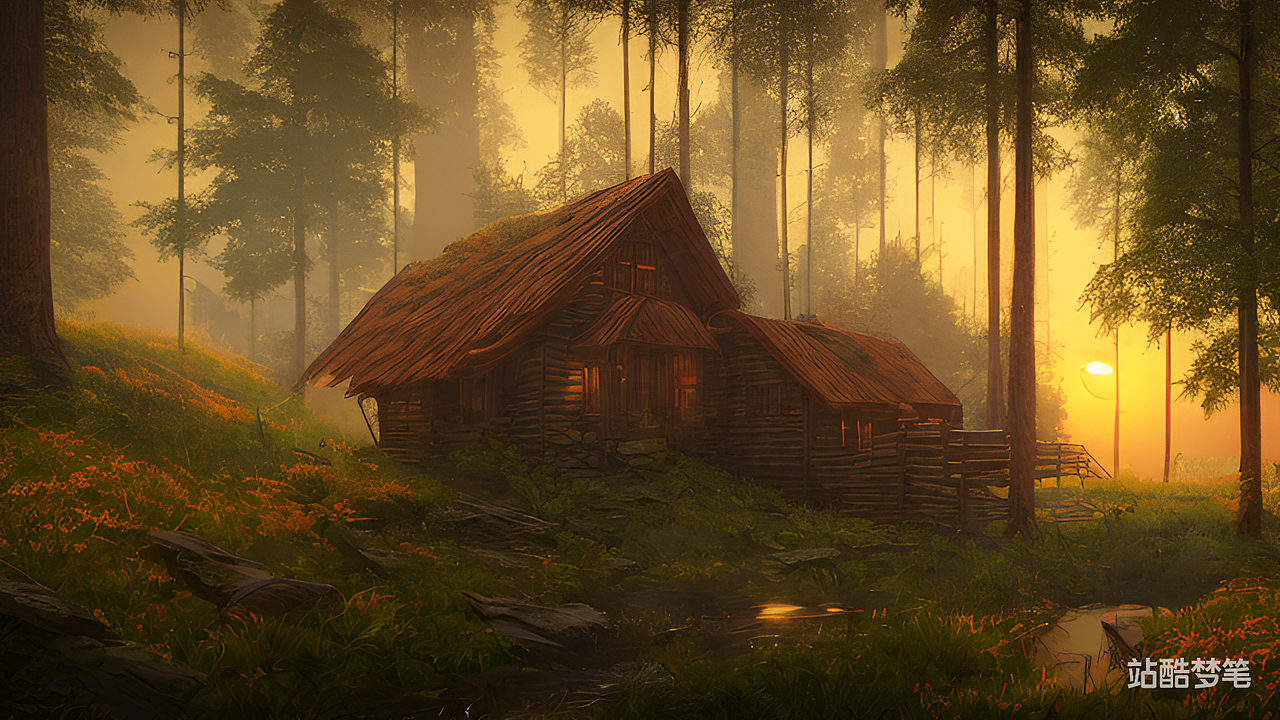 #站酷梦笔#丁达尔,夕阳,林中小屋,