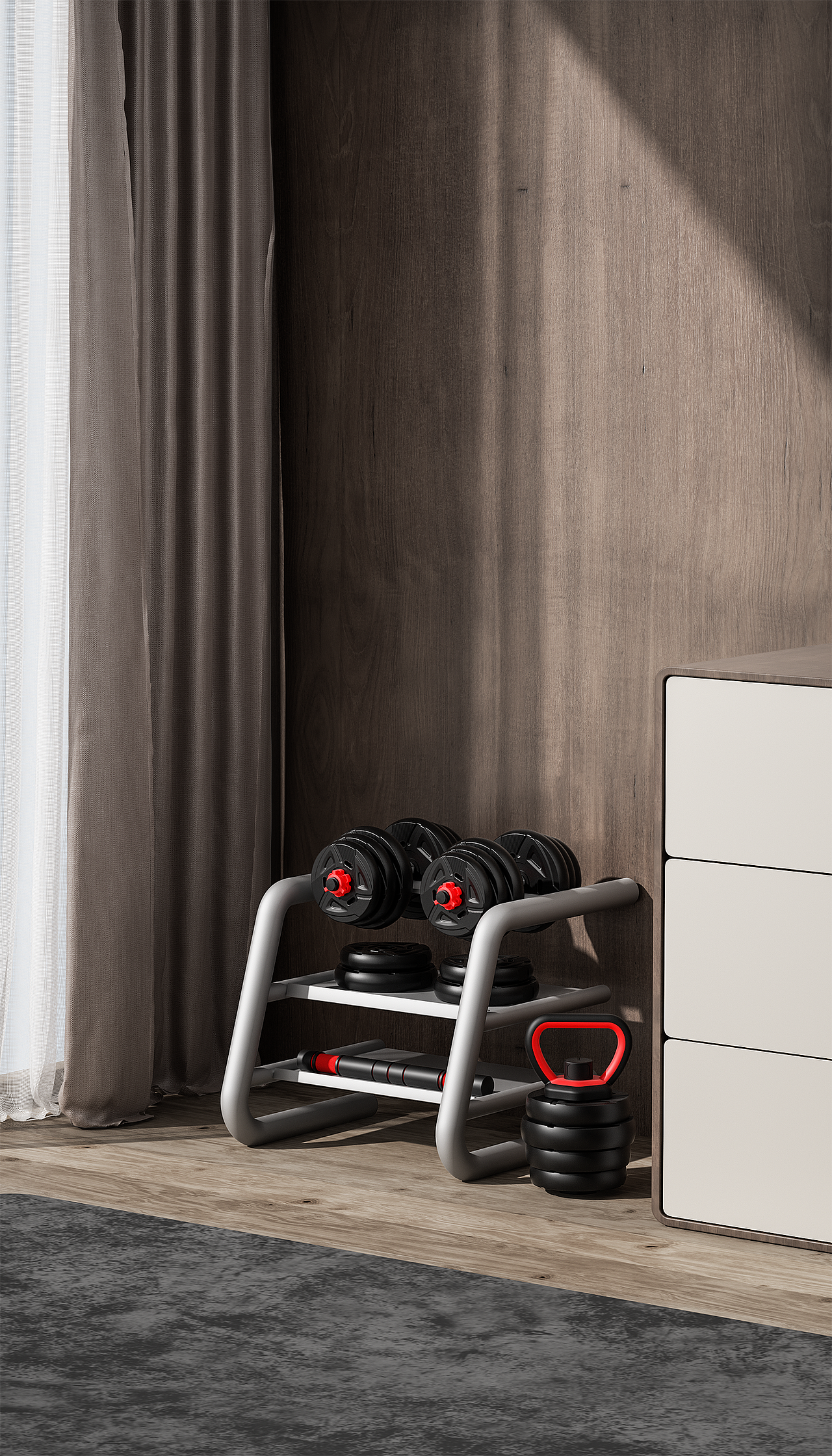 产品渲染:哑铃和仰卧起坐辅助器