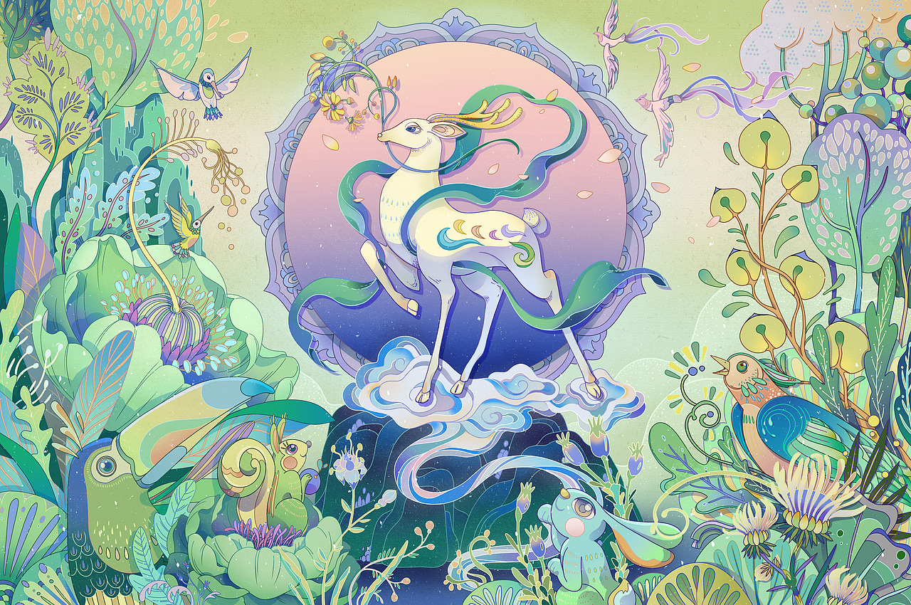 《神鹿踏青，春夏无忧》九色鹿敦煌原创插画（图ZMzAwNTgxODI4） - 商业插画 - 站酷设计师Lynne苓原创素材 - 站酷ZCOOL