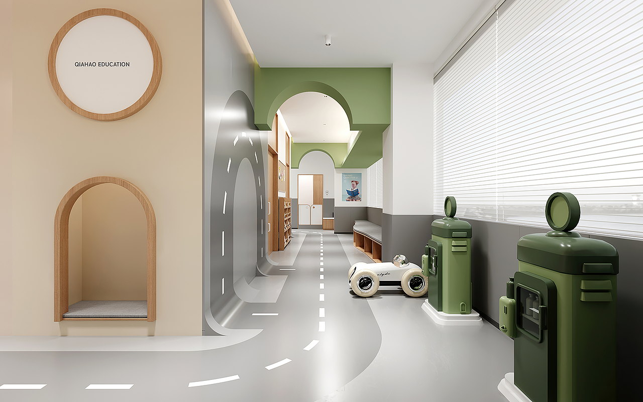 ▾恒茂园店托班教室
<br>教室作为空间的核心区域,设计上既需要考虑教学的需求,又需要提供一个舒适而亲和的环境。运用恰到好处的木质与白,严谨的把握空间的情感氛围,带来更多的平静与专注。同时,以玻璃作为连接室内外的隔断,增加了空间通透性的同时,从视觉上扩大空间。
