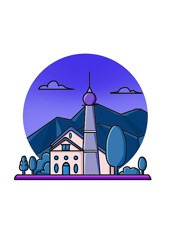 卡通建筑小场景插画