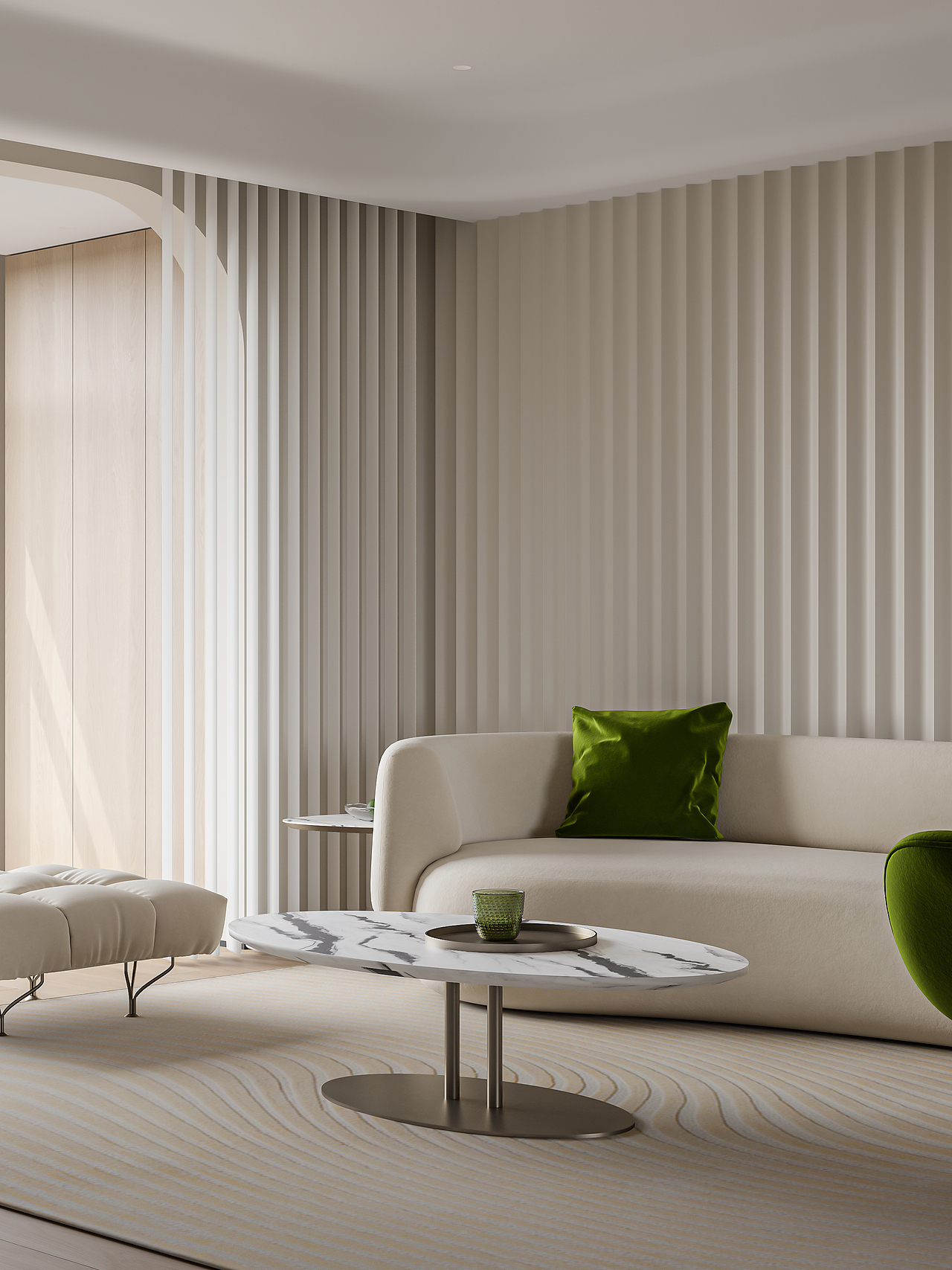 奶油色圆弧造型客餐厅_原本一效果图表现-站酷zcool