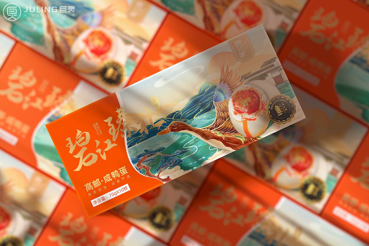 圃也家鸭蛋农品包装,手绘国潮插画记录高邮山水印象