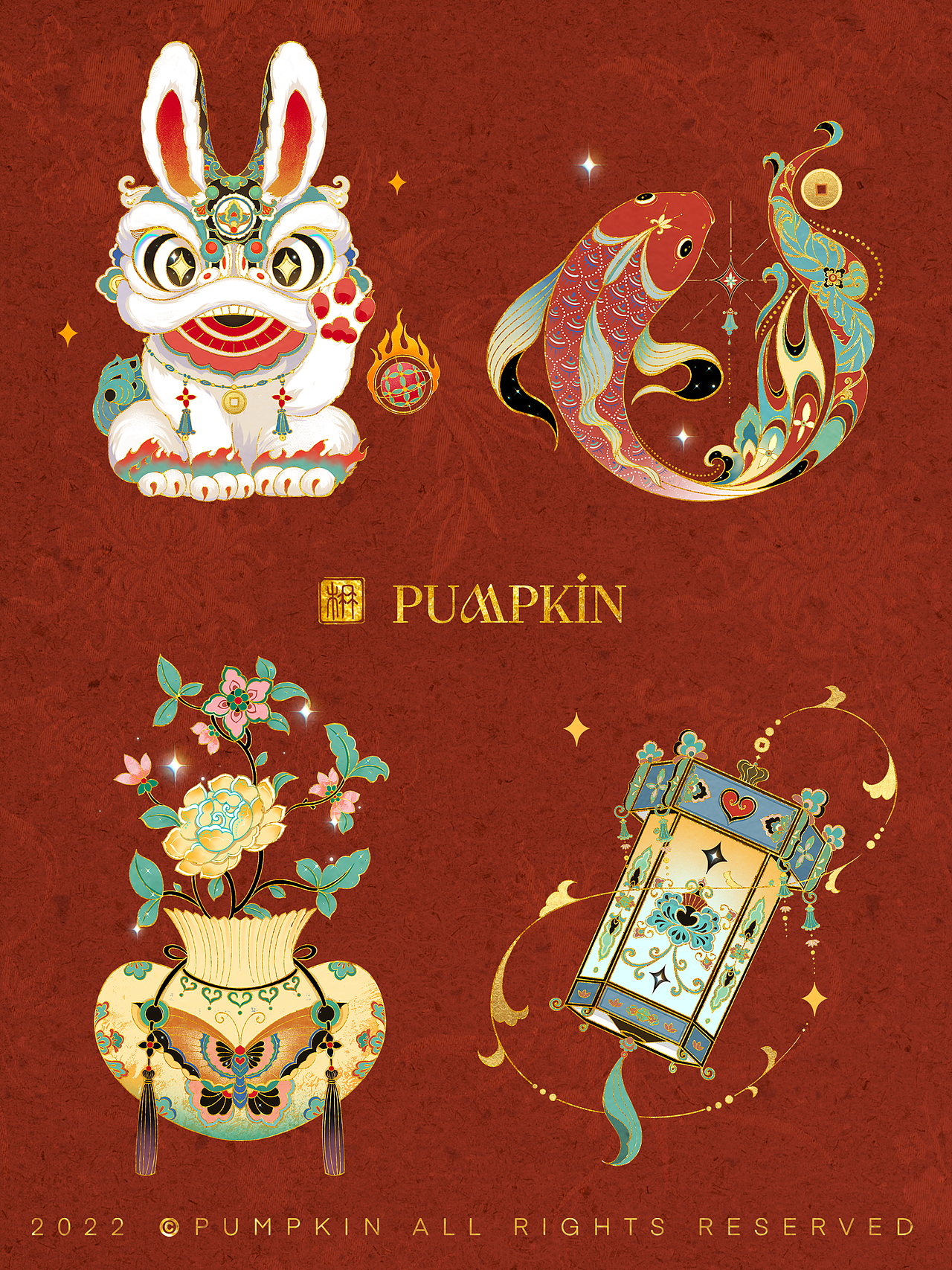 招财醒狮兔｜敦煌新年复古插画设计（图ZMzE4NTEyMzI0） - 商业插画 - 站酷设计师方楠Pumpkin原创素材 - 站酷ZCOOL